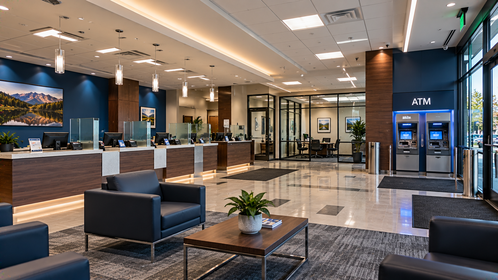 Bank lobby with teller and customer service areas