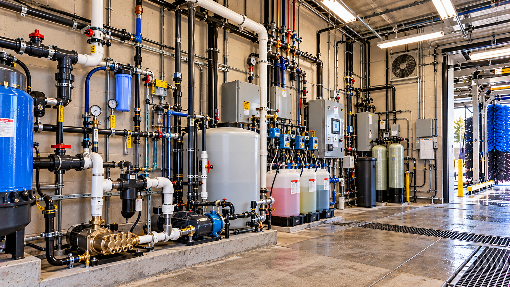 Car wash mechanical room with pumps, piping and treatment equipment