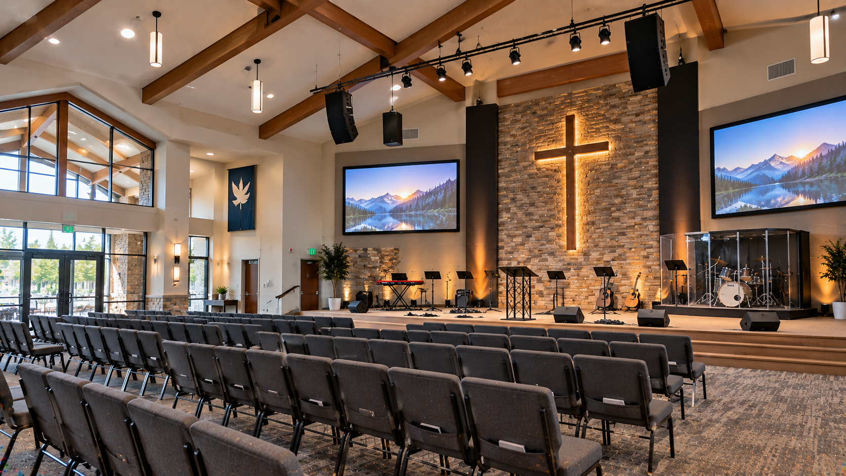 Church sanctuary with seating and stage