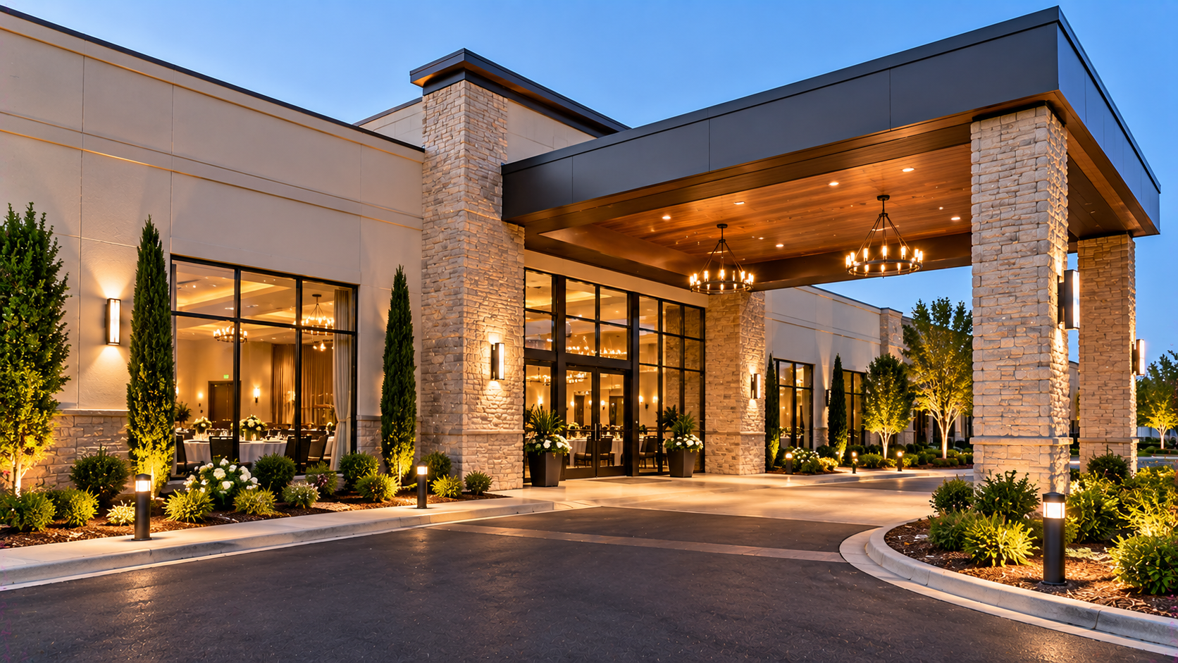 Exterior entrance of a modern event venue