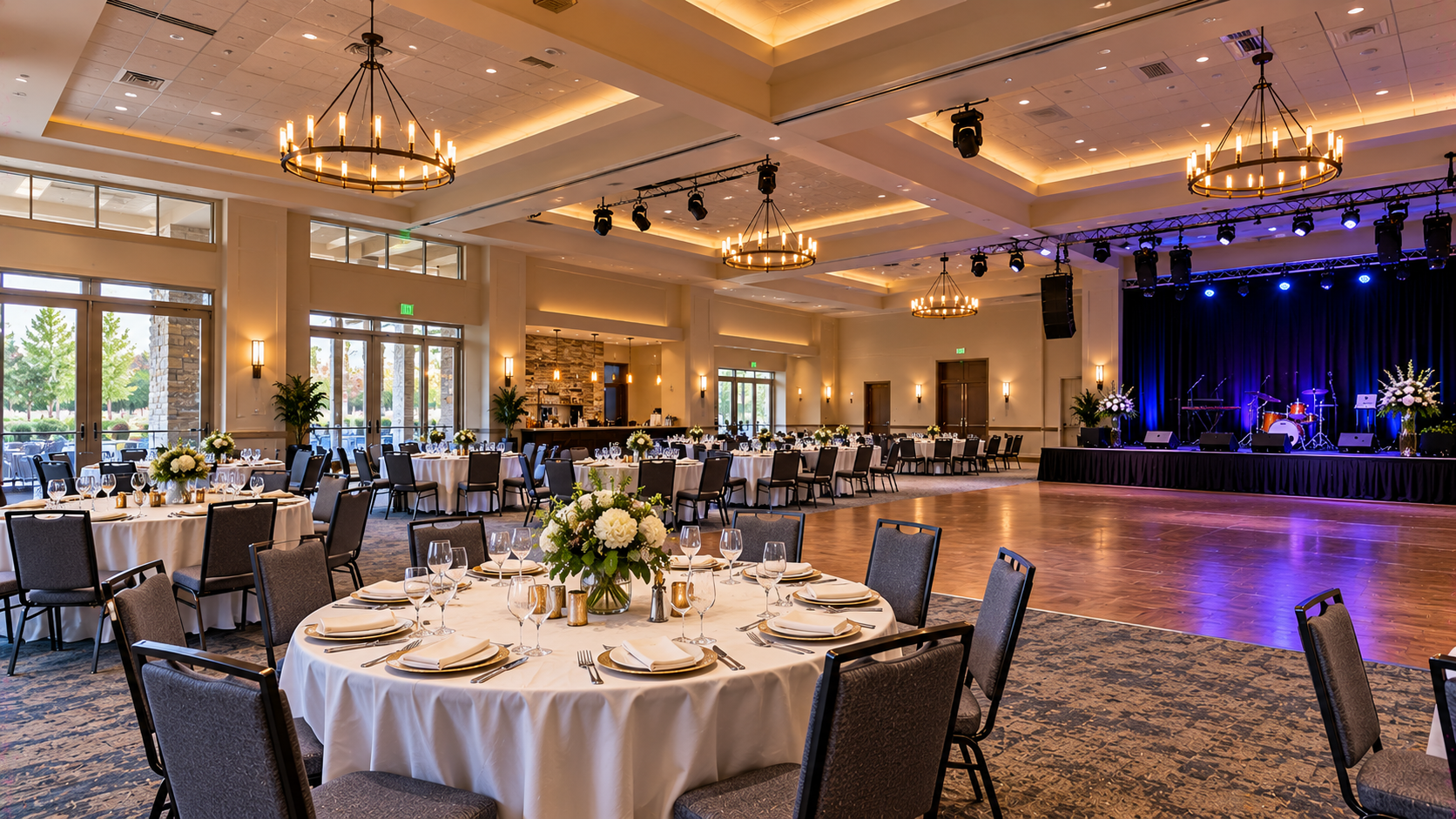 Banquet hall set with dining tables for an event