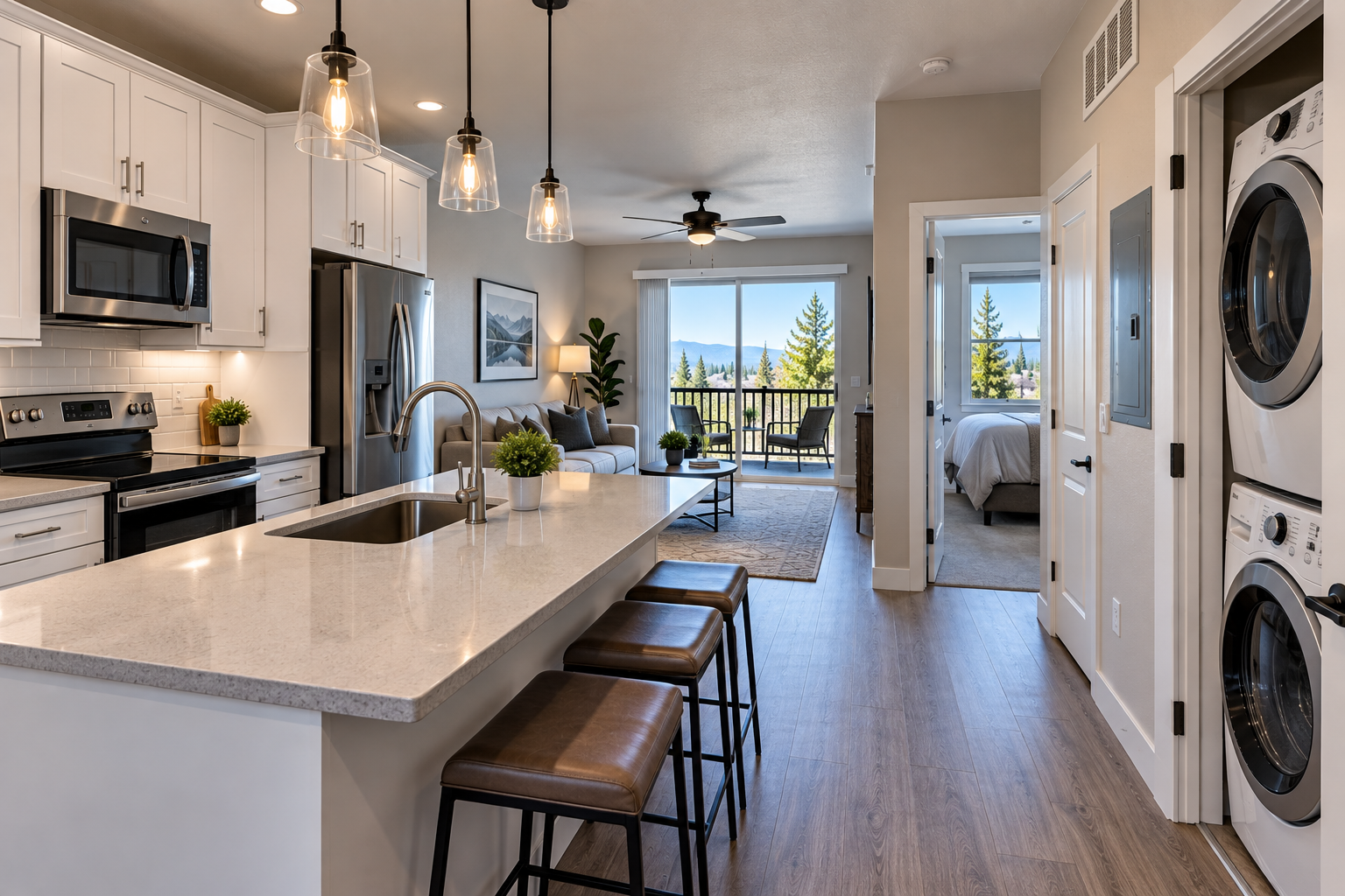 Renovated apartment interior with kitchen and laundry area
