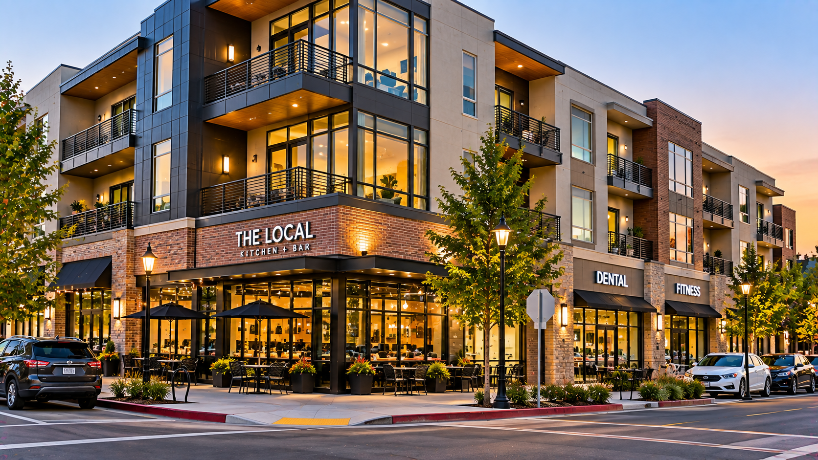 Mixed-use building with ground-floor retail and apartments above