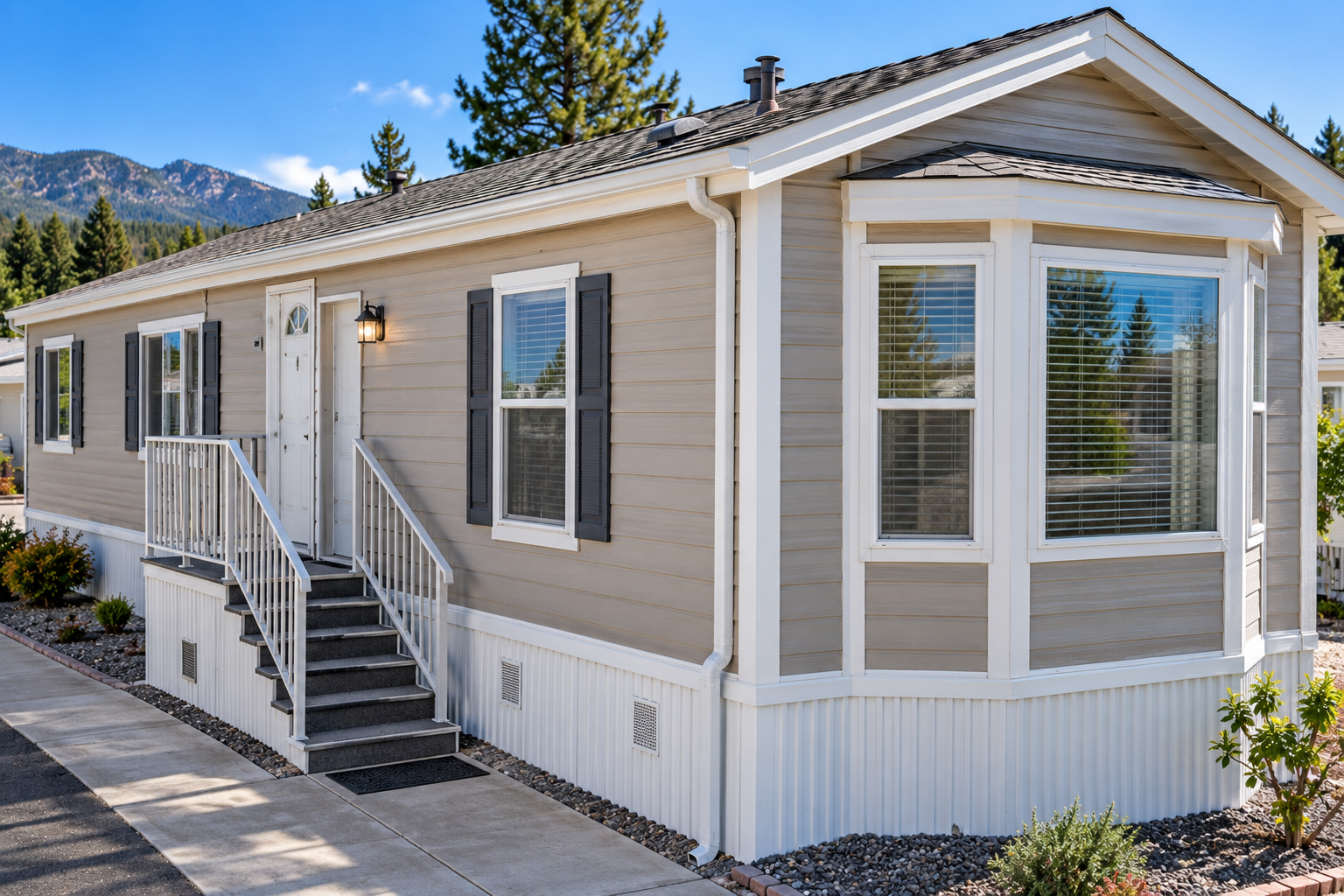 Manufactured home exterior with entry steps