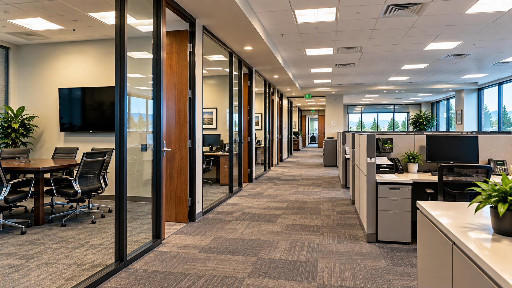 Commercial office corridor with glass-fronted suites
