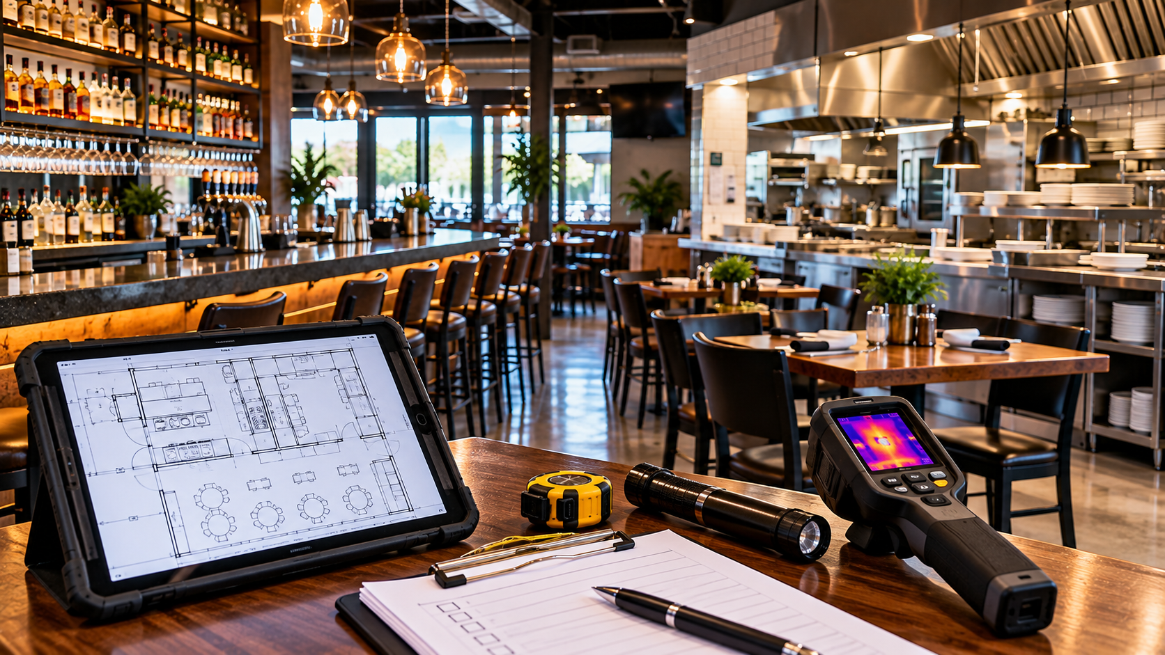 Restaurant inspection setup with tablet and thermal imaging camera