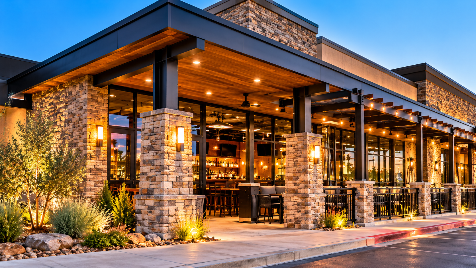 Restaurant exterior and entrance at dusk