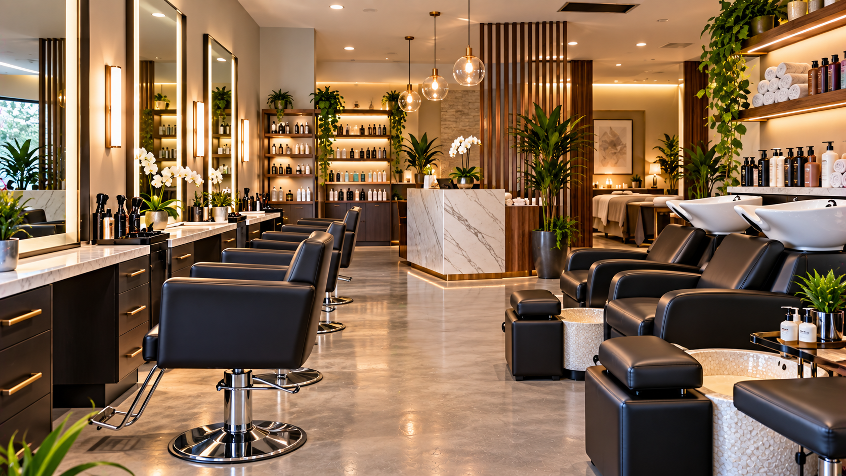 Modern salon interior with styling stations