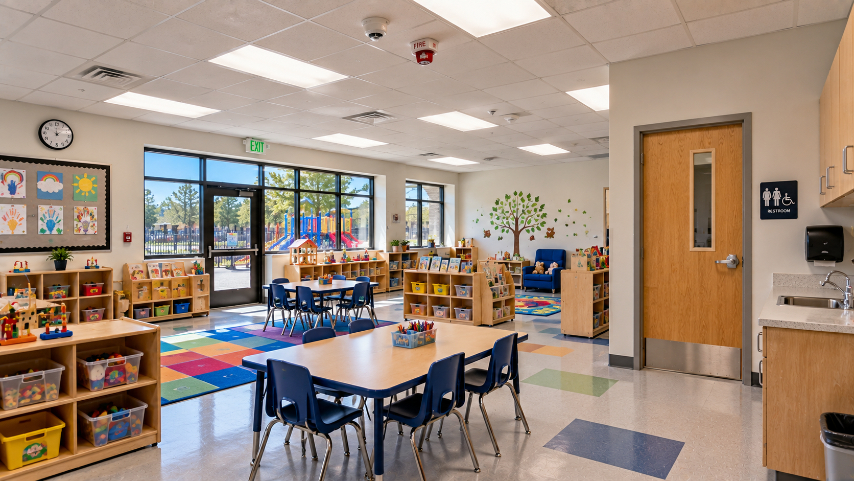 Daycare classroom with tables, chairs and learning areas