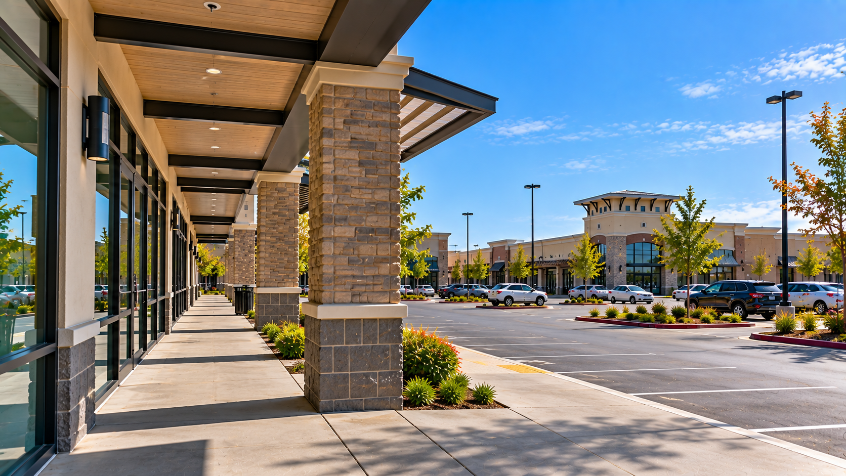 Covered shopping center walkway and storefronts